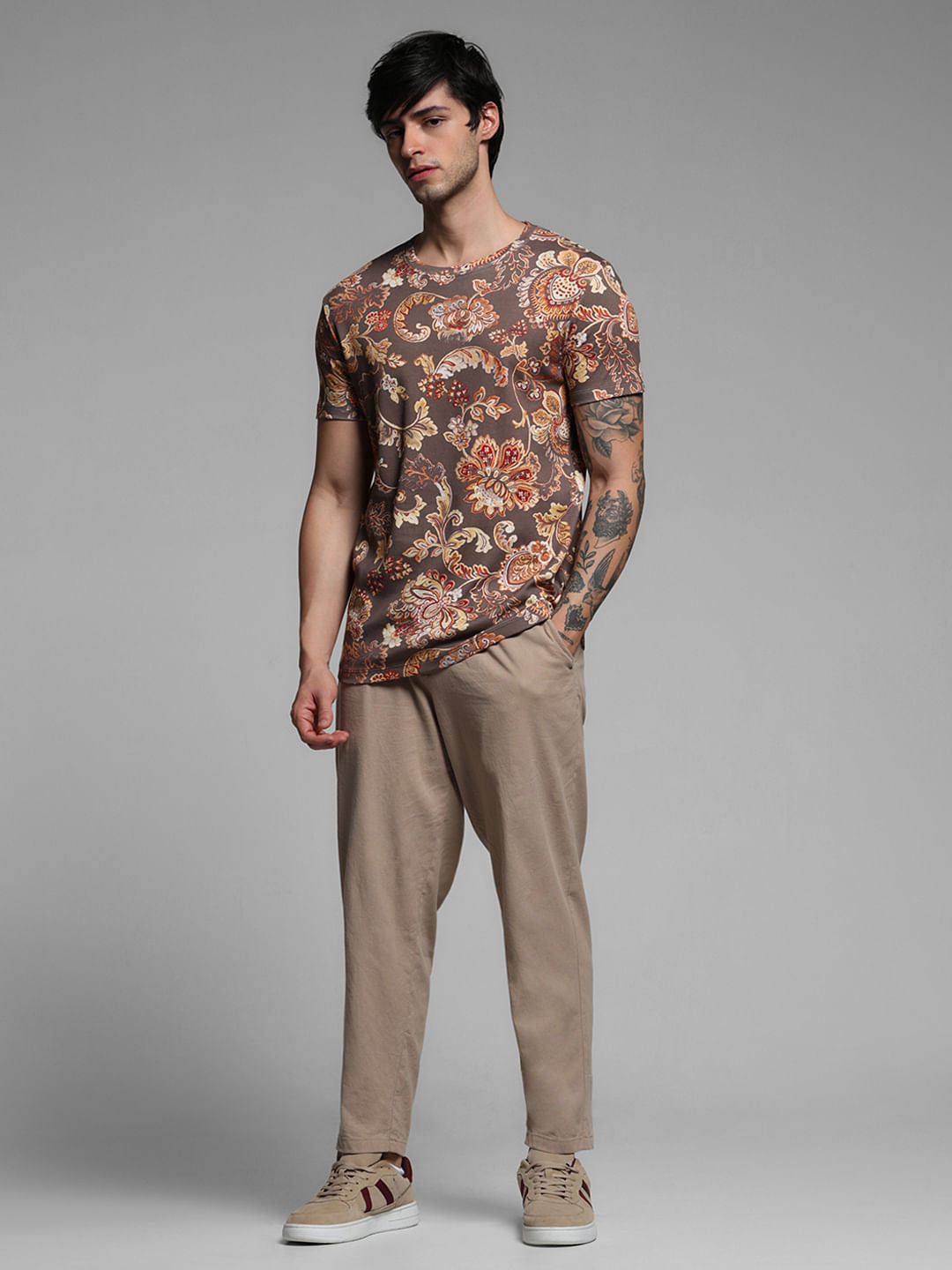 Brown Printed Crew Neck T-shirt