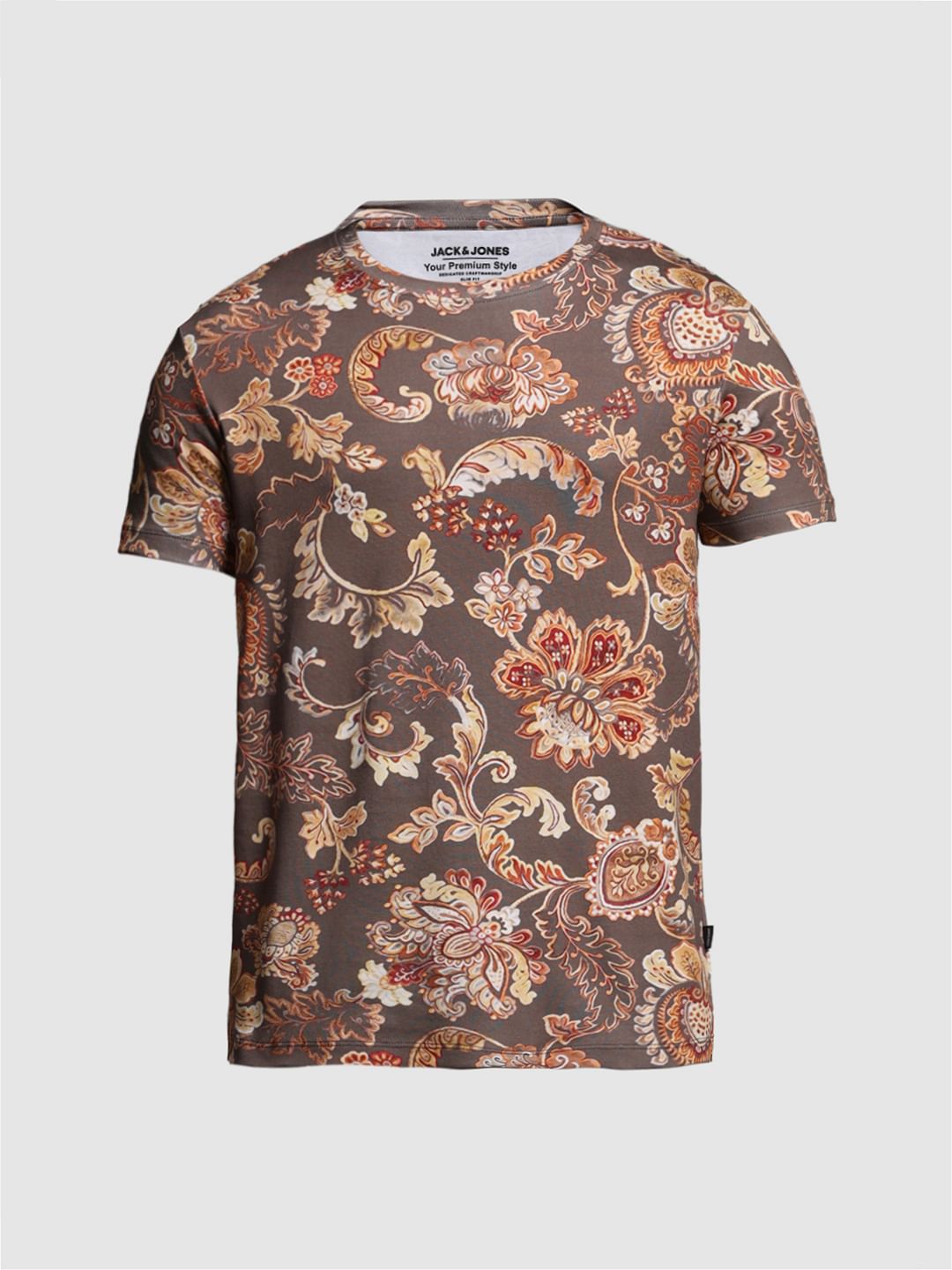 Brown Printed Crew Neck T-shirt