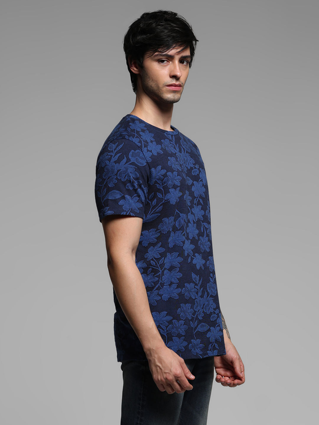 Dark Blue Floral Crew Neck T-shirt
