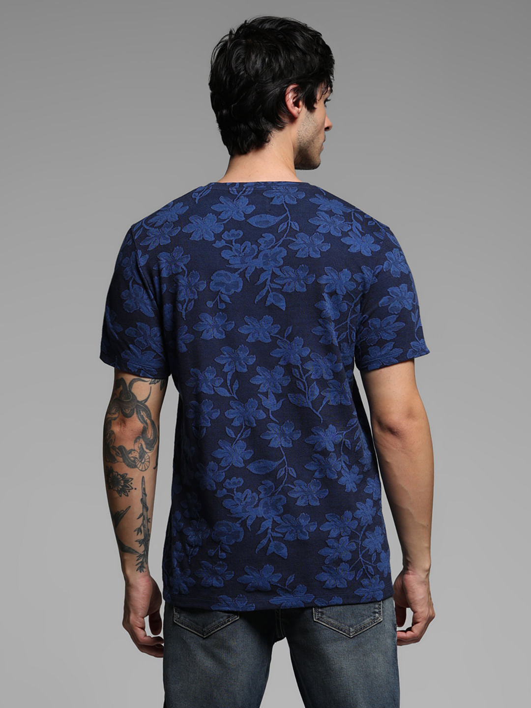 Dark Blue Floral Crew Neck T-shirt