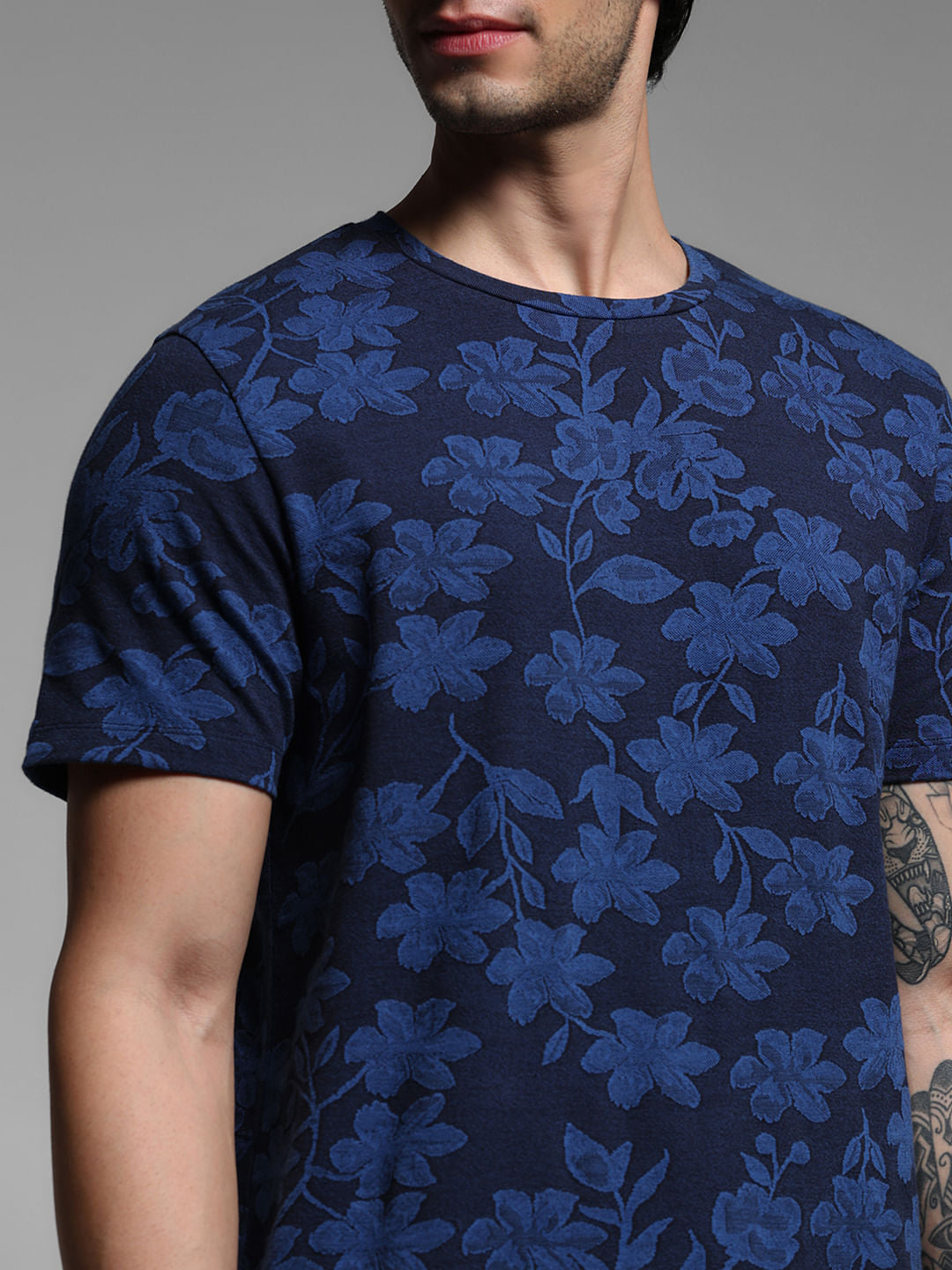 Dark Blue Floral Crew Neck T-shirt