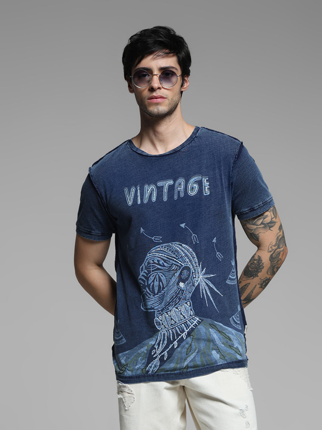 Blue Indigo Dyed Printed Cotton T-shirt