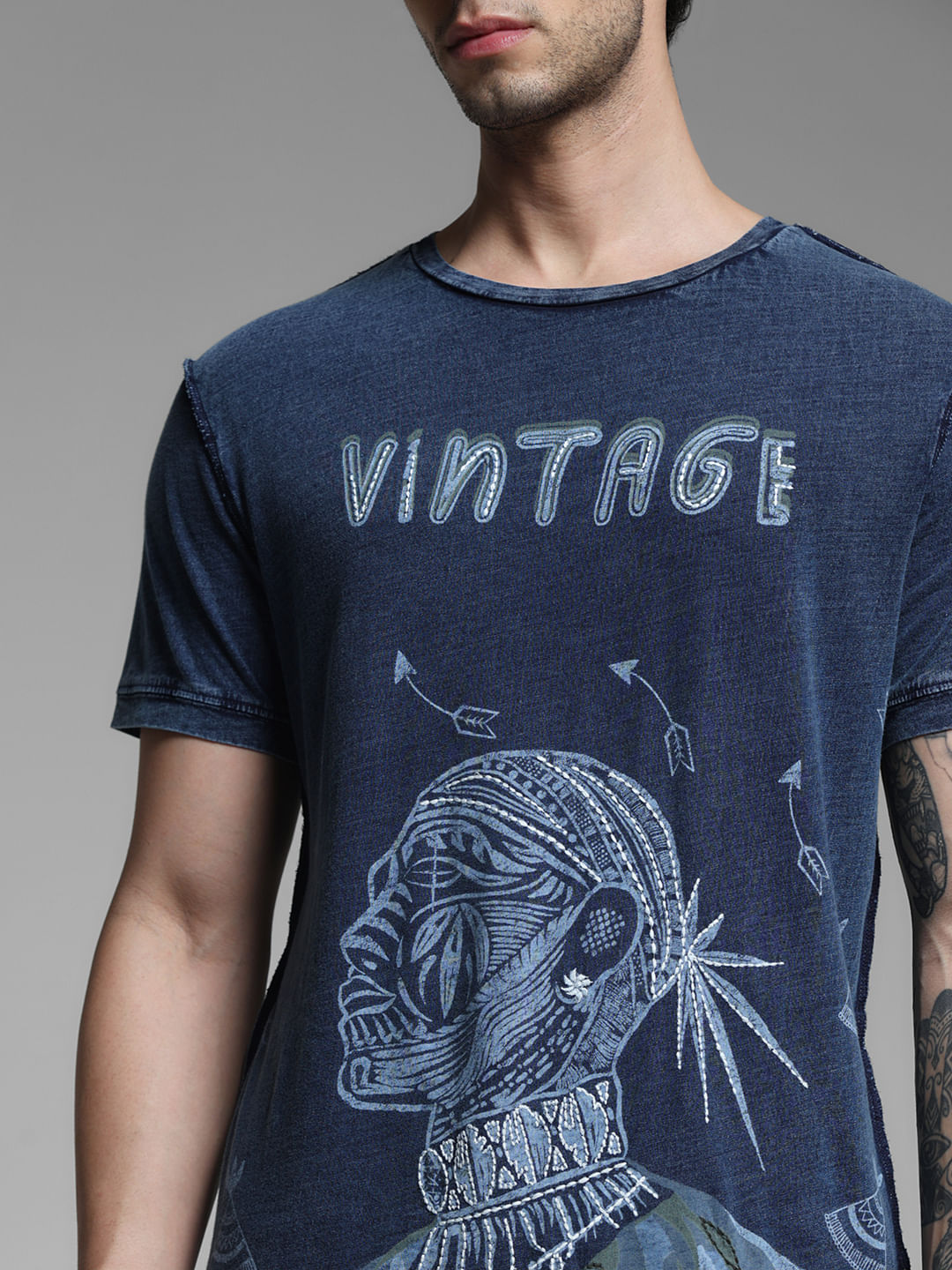 Blue Indigo Dyed Printed Cotton T-shirt