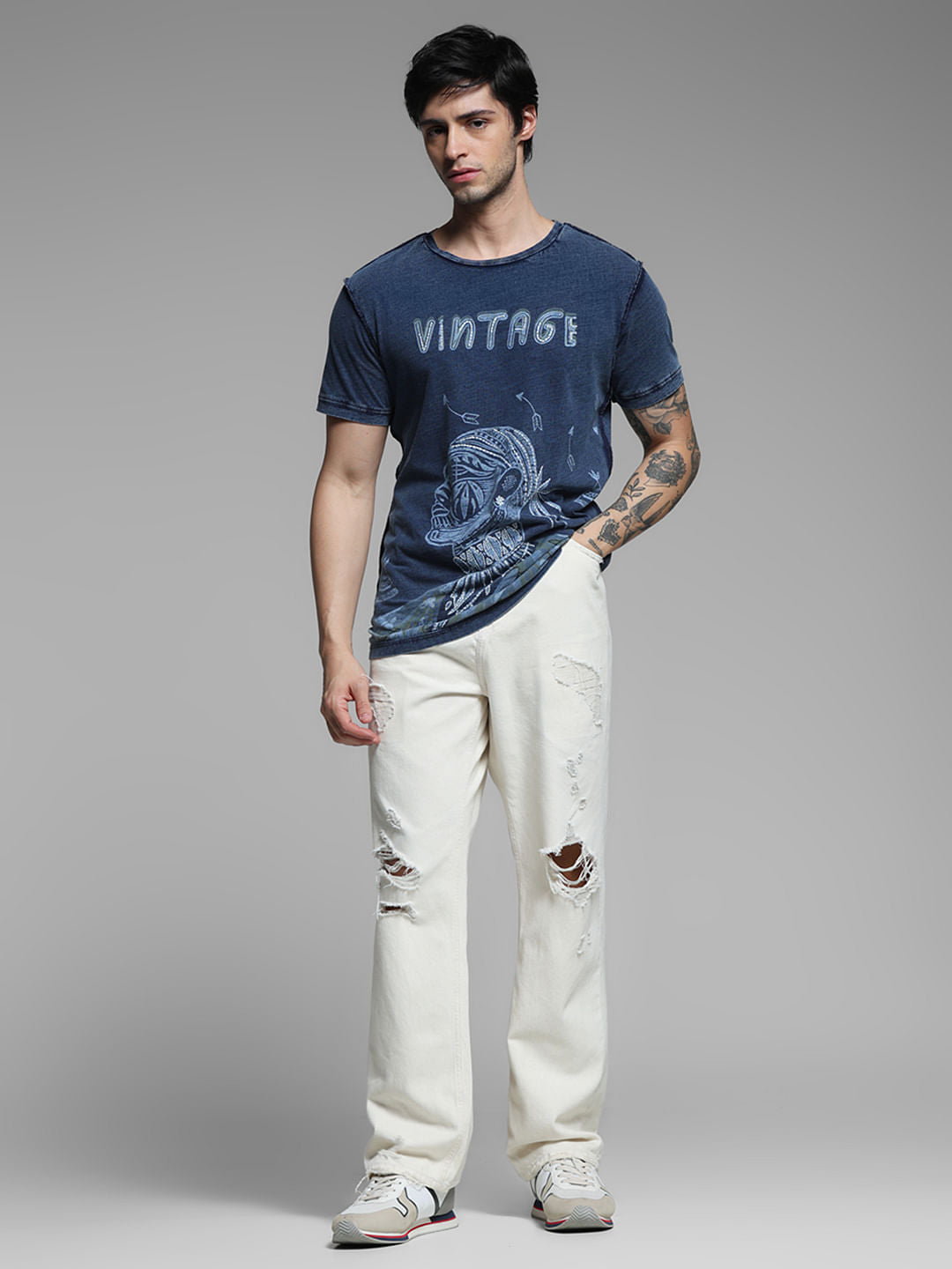 Blue Indigo Dyed Printed Cotton T-shirt