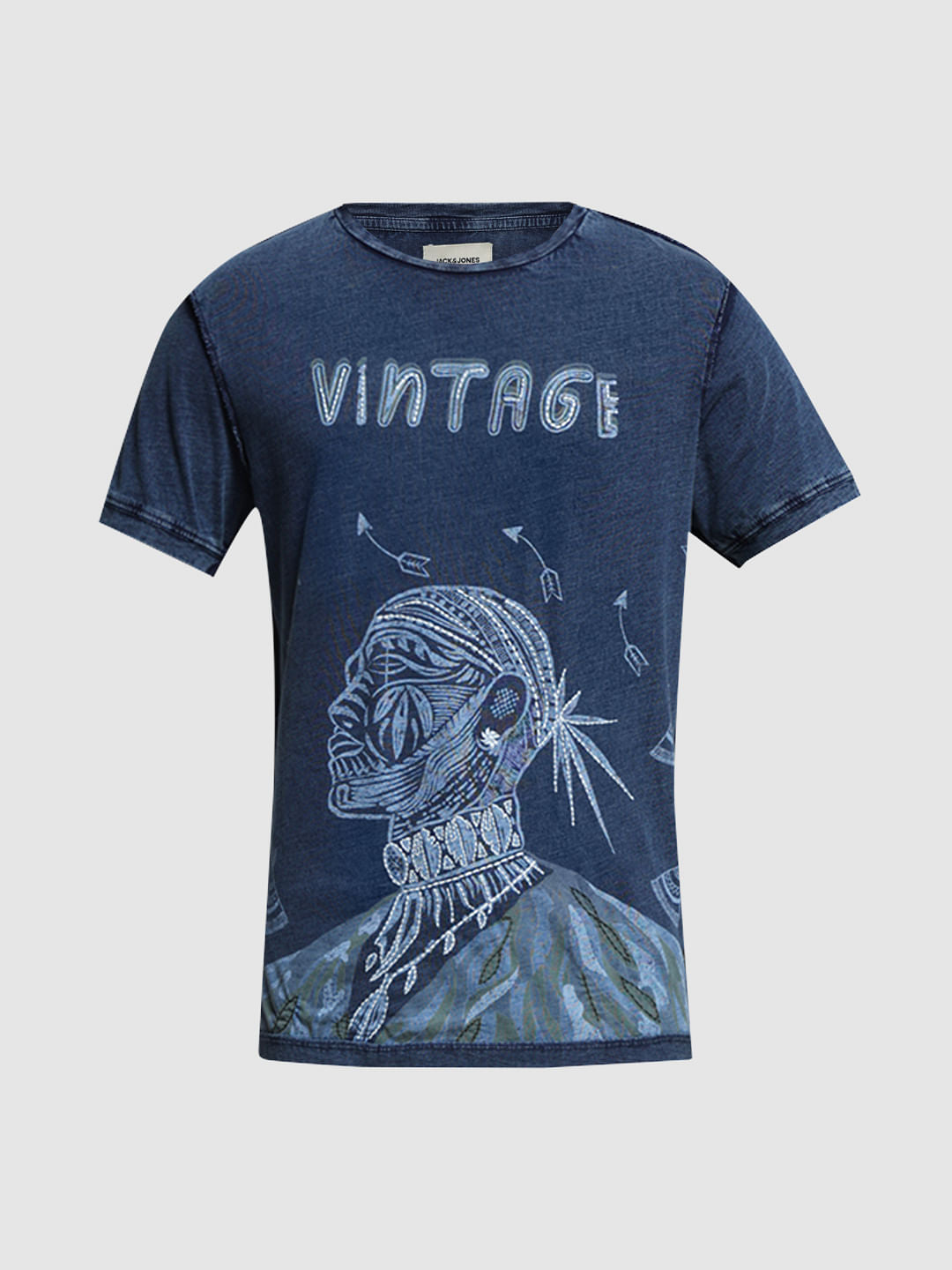Blue Indigo Dyed Printed Cotton T-shirt