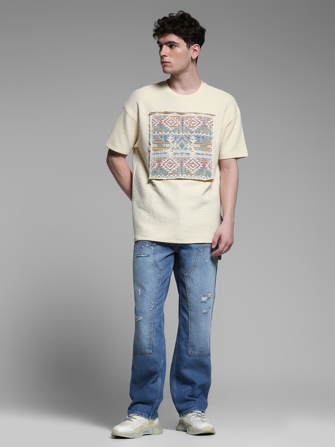 Cream Applique Patchwork T-shirt