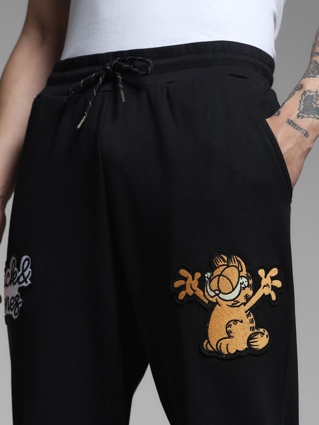 X GARFIELD Black Applique Printed Sweatpants