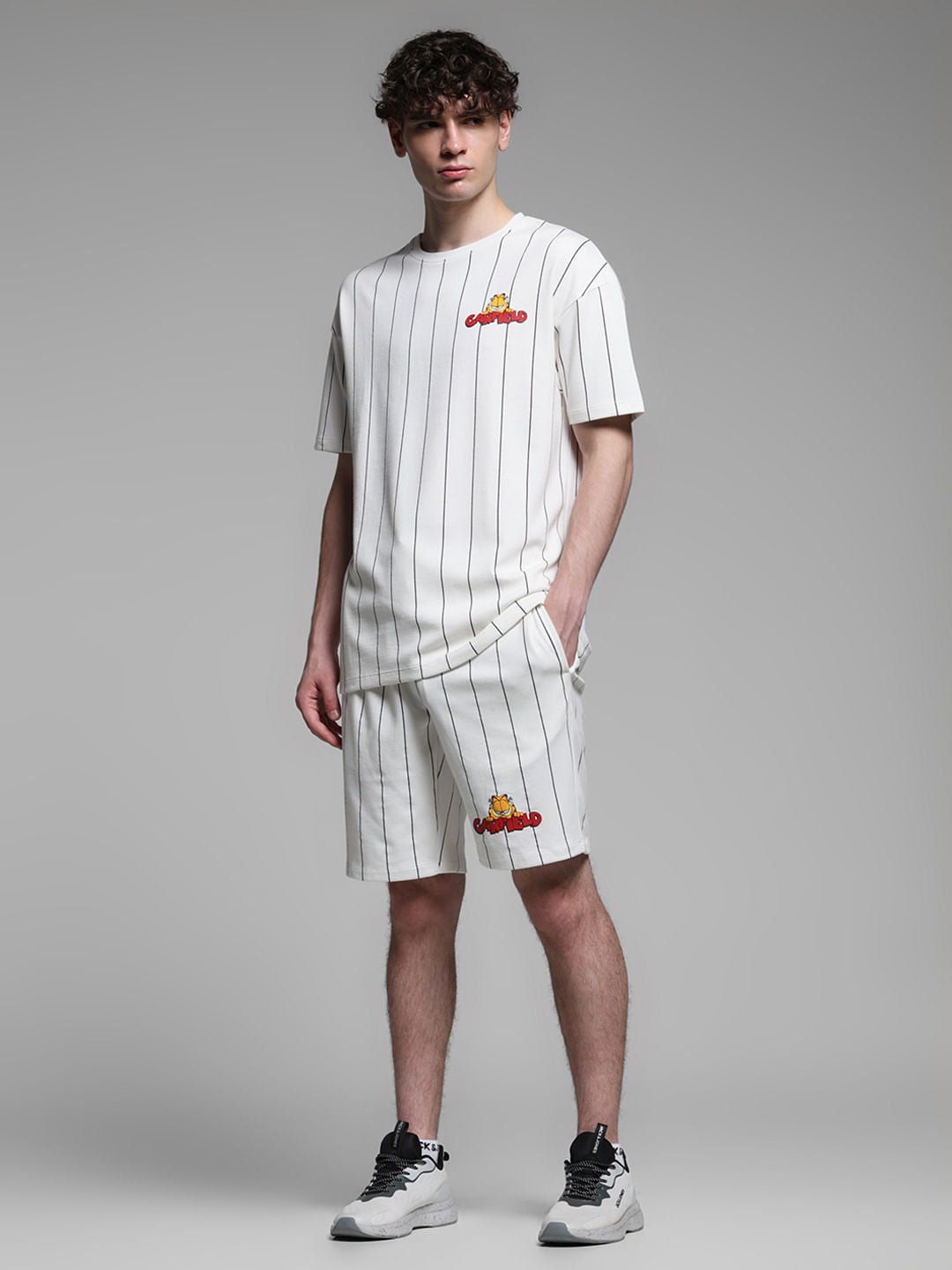 JACK&JONES X GARFIELD White Striped Co-ord Set Shorts