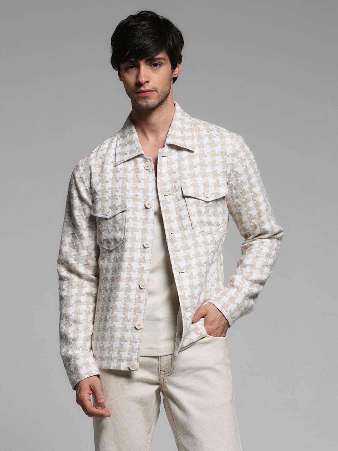 Beige Linen Houndstooth Print Jacket