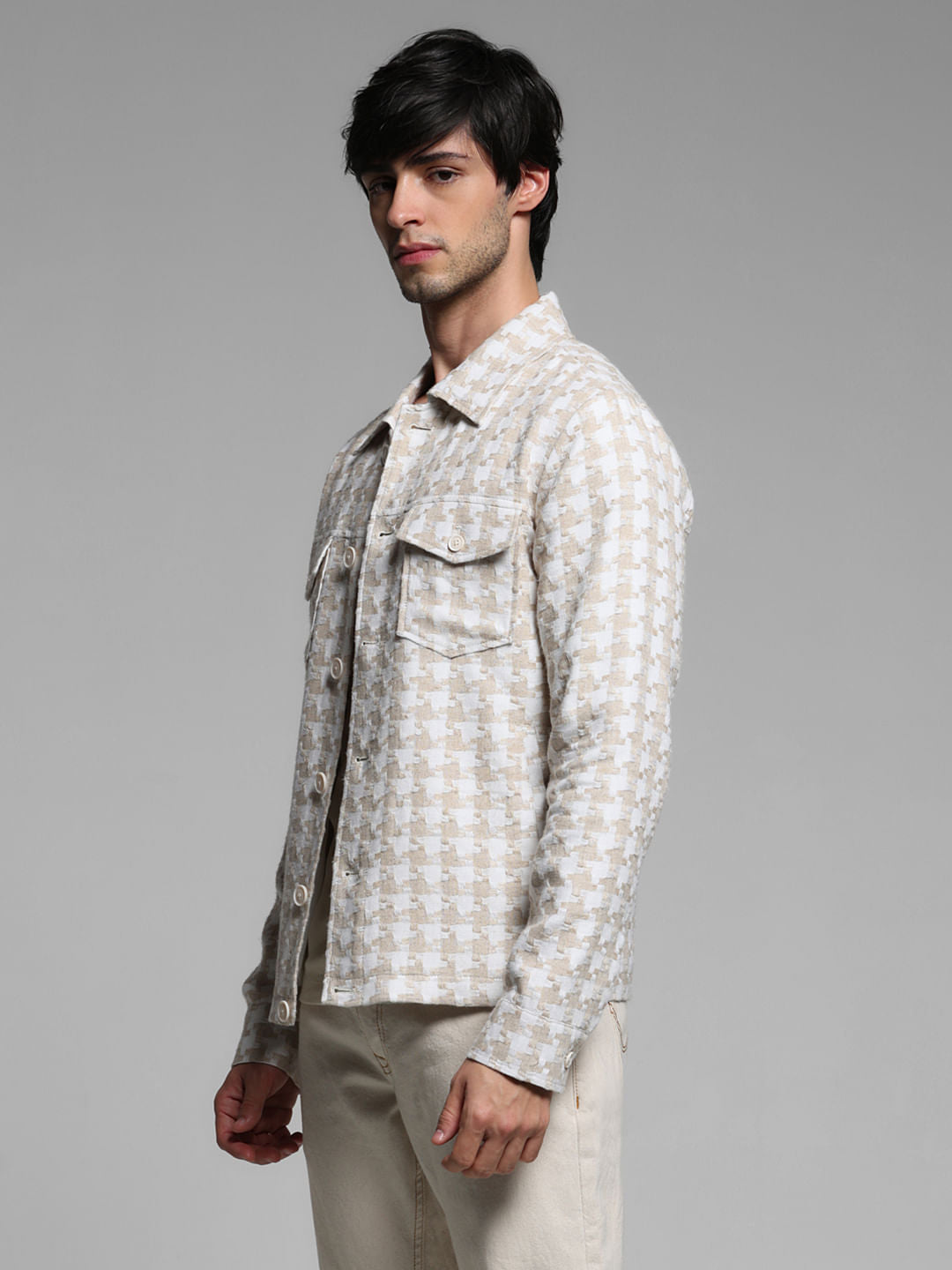Beige Linen Houndstooth Print Jacket