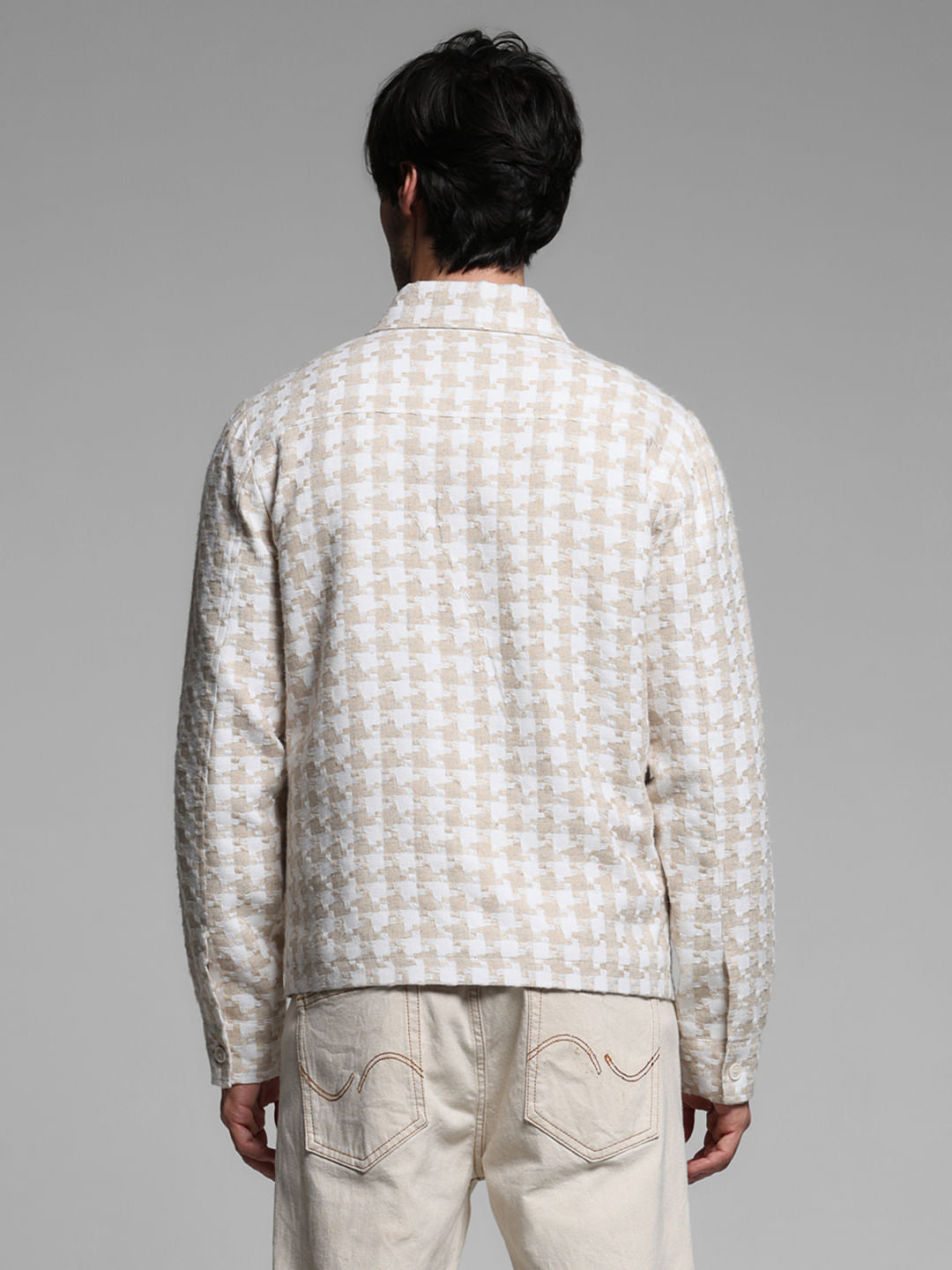 Beige Linen Houndstooth Print Jacket