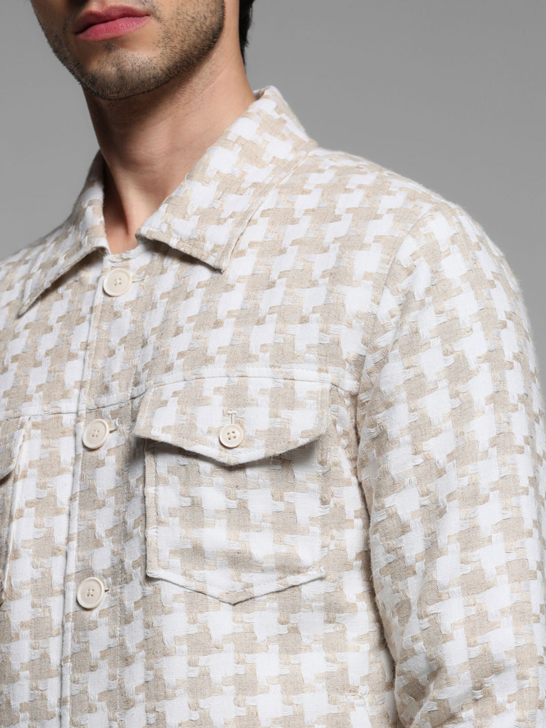 Beige Linen Houndstooth Print Jacket
