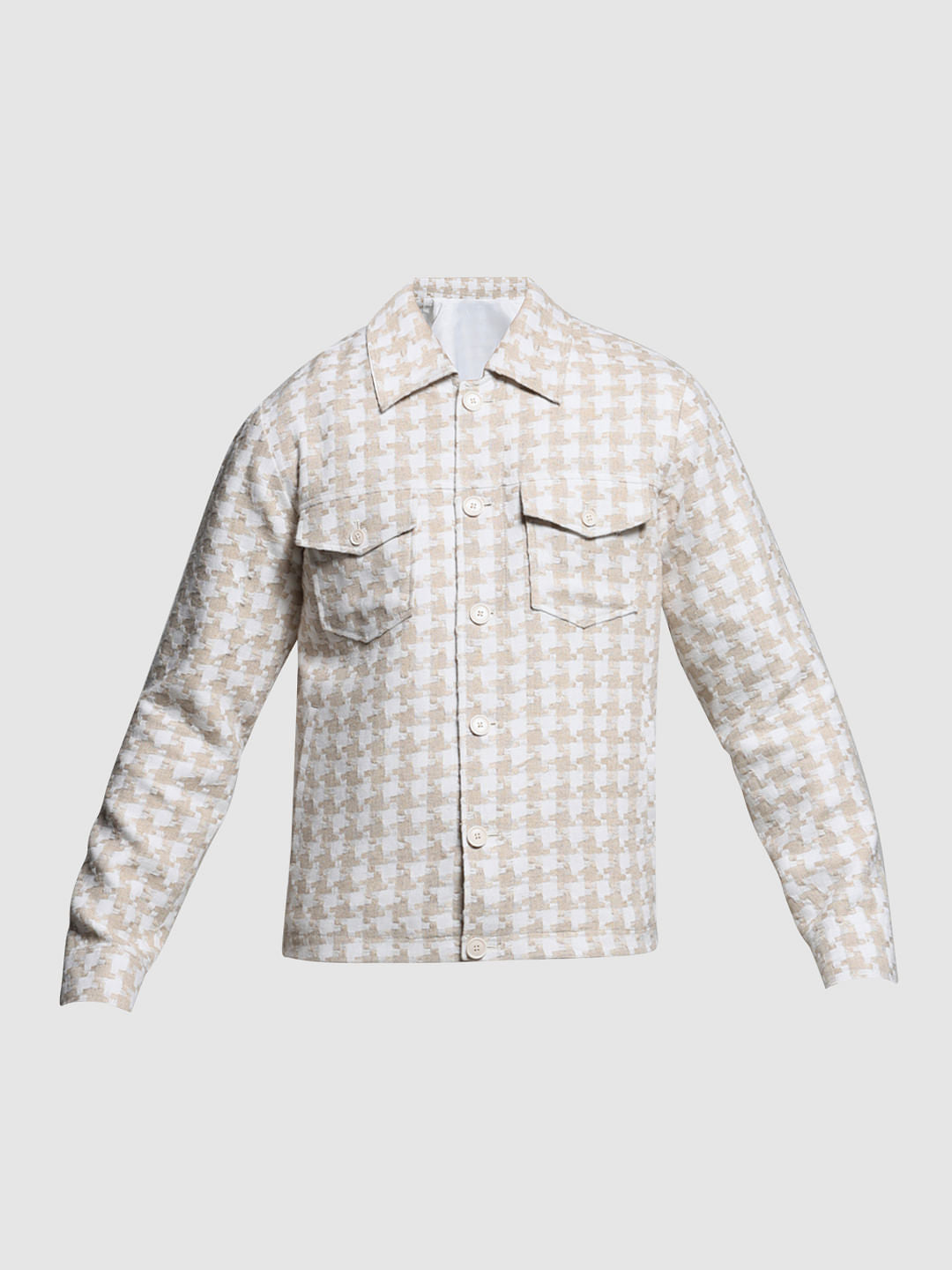 Beige Linen Houndstooth Print Jacket
