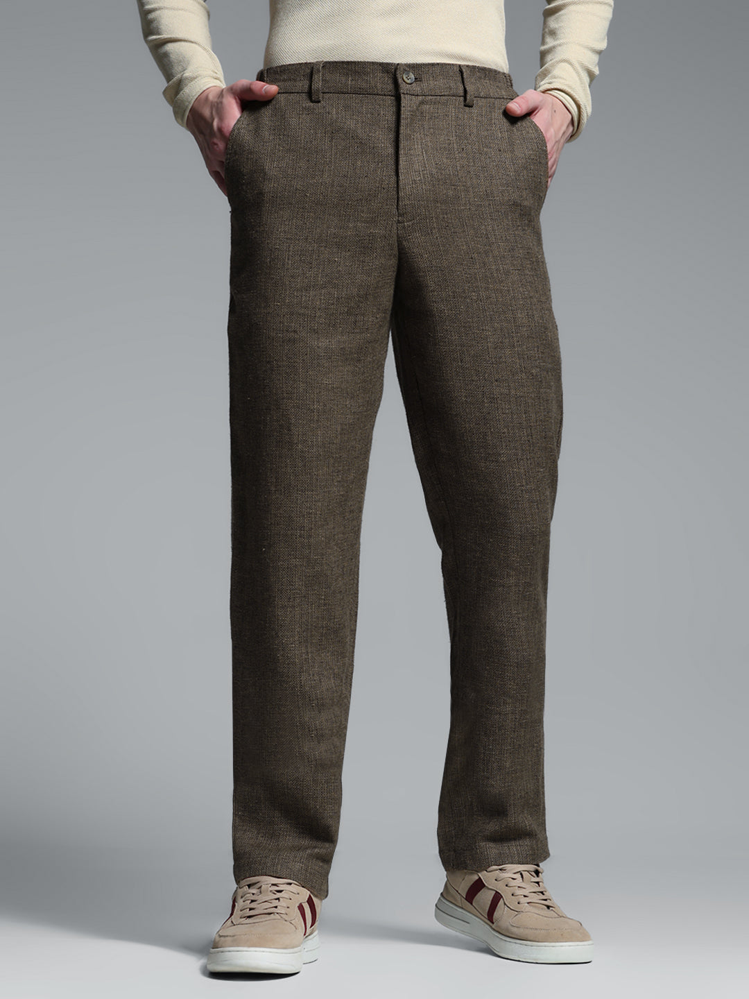 Men's Linen Blend Slim Fit Formal Trousers - Brown Solid
