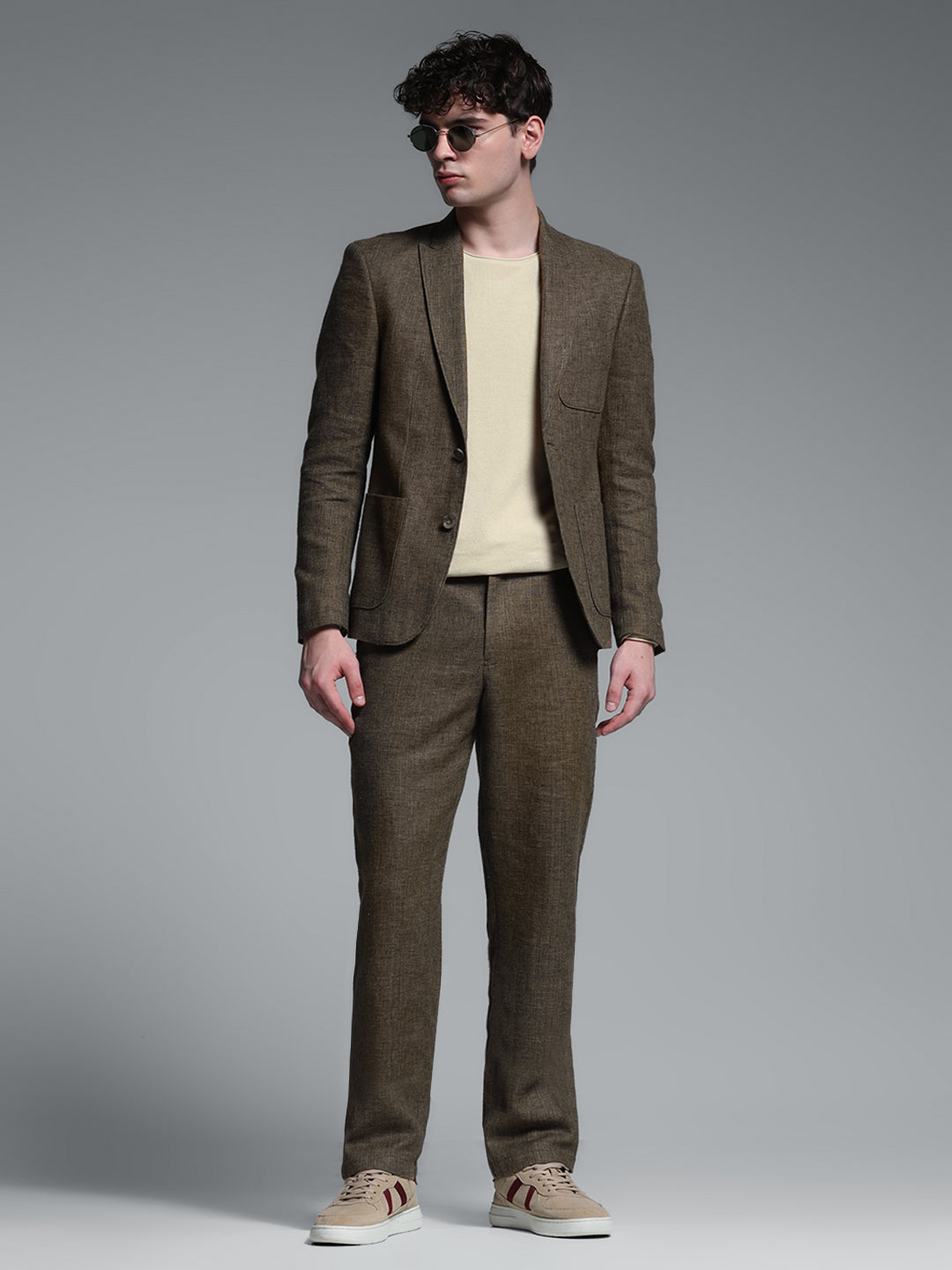 Men's Linen Blend Slim Fit Formal Trousers - Brown Solid