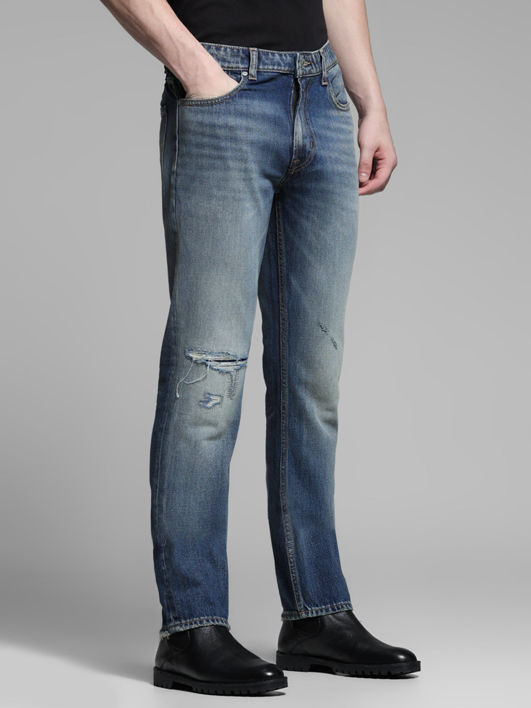 Men's Medium Blue Denim Straight Fit Distressed Jeans