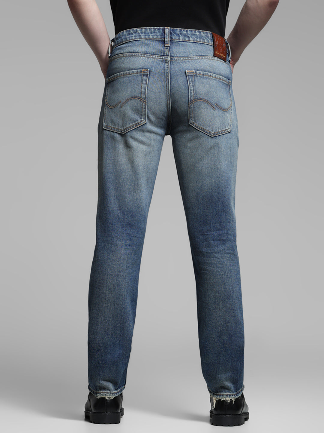 Men's Medium Blue Denim Straight Fit Distressed Jeans