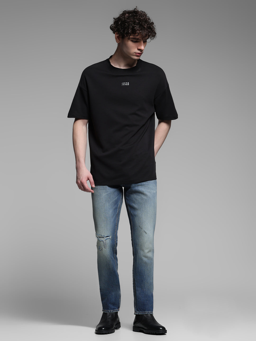 Men's Medium Blue Denim Straight Fit Distressed Jeans