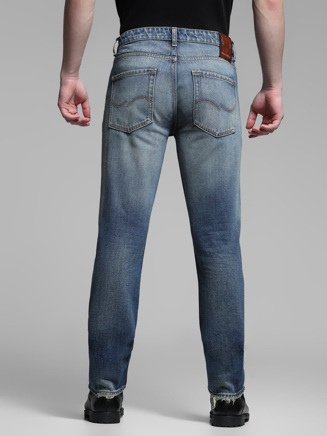 Men's Medium Blue Denim Straight Fit Distressed Jeans