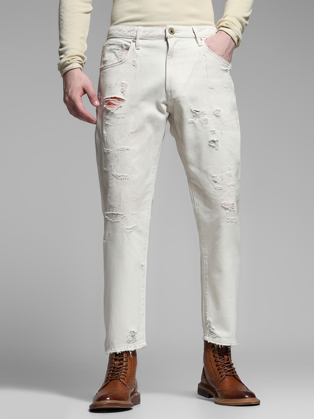Beige Distressed Frank Anti Fit Jeans