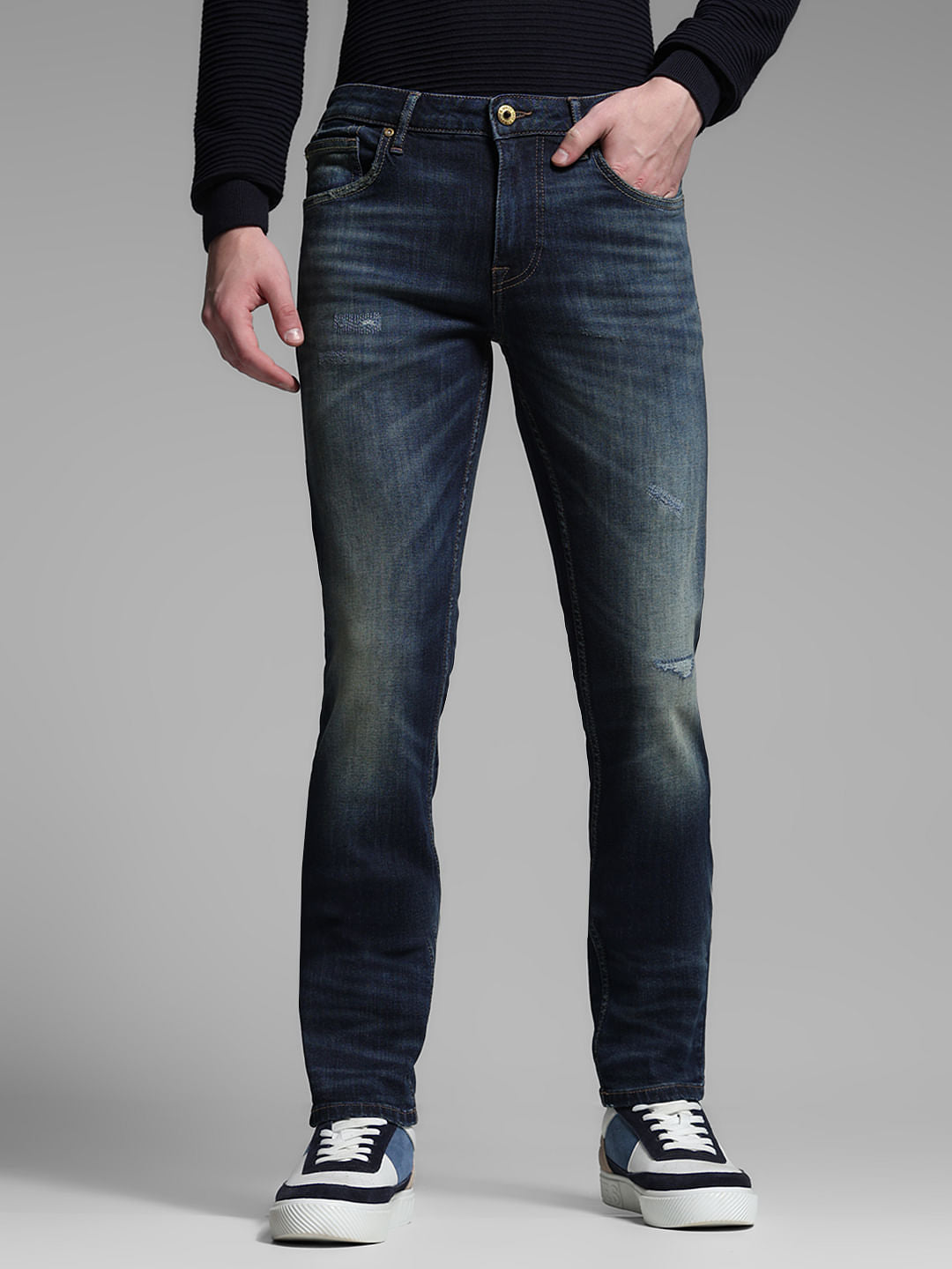Dark Blue Distressed Glenn Slim Fit Jeans