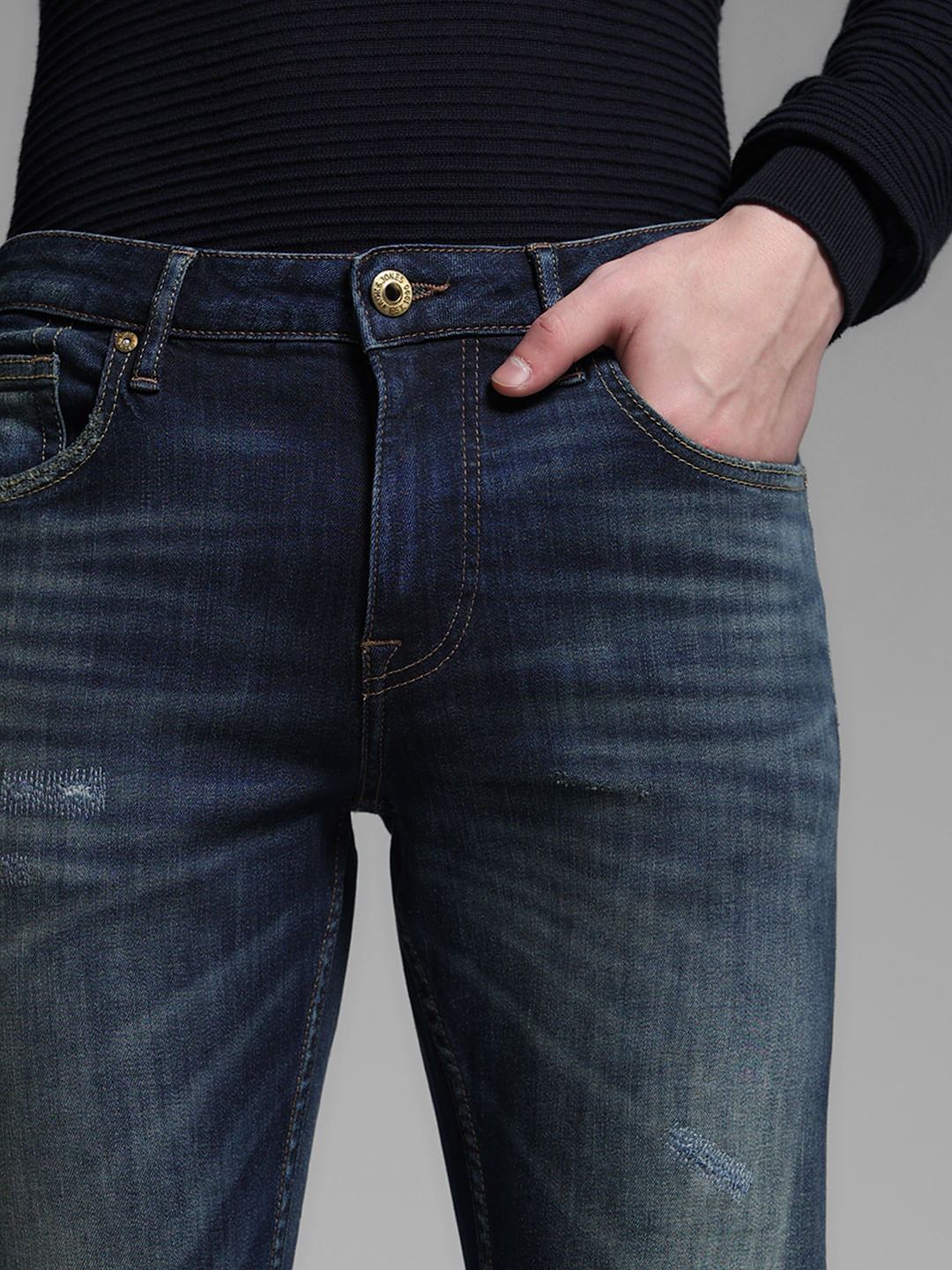Dark Blue Distressed Glenn Slim Fit Jeans