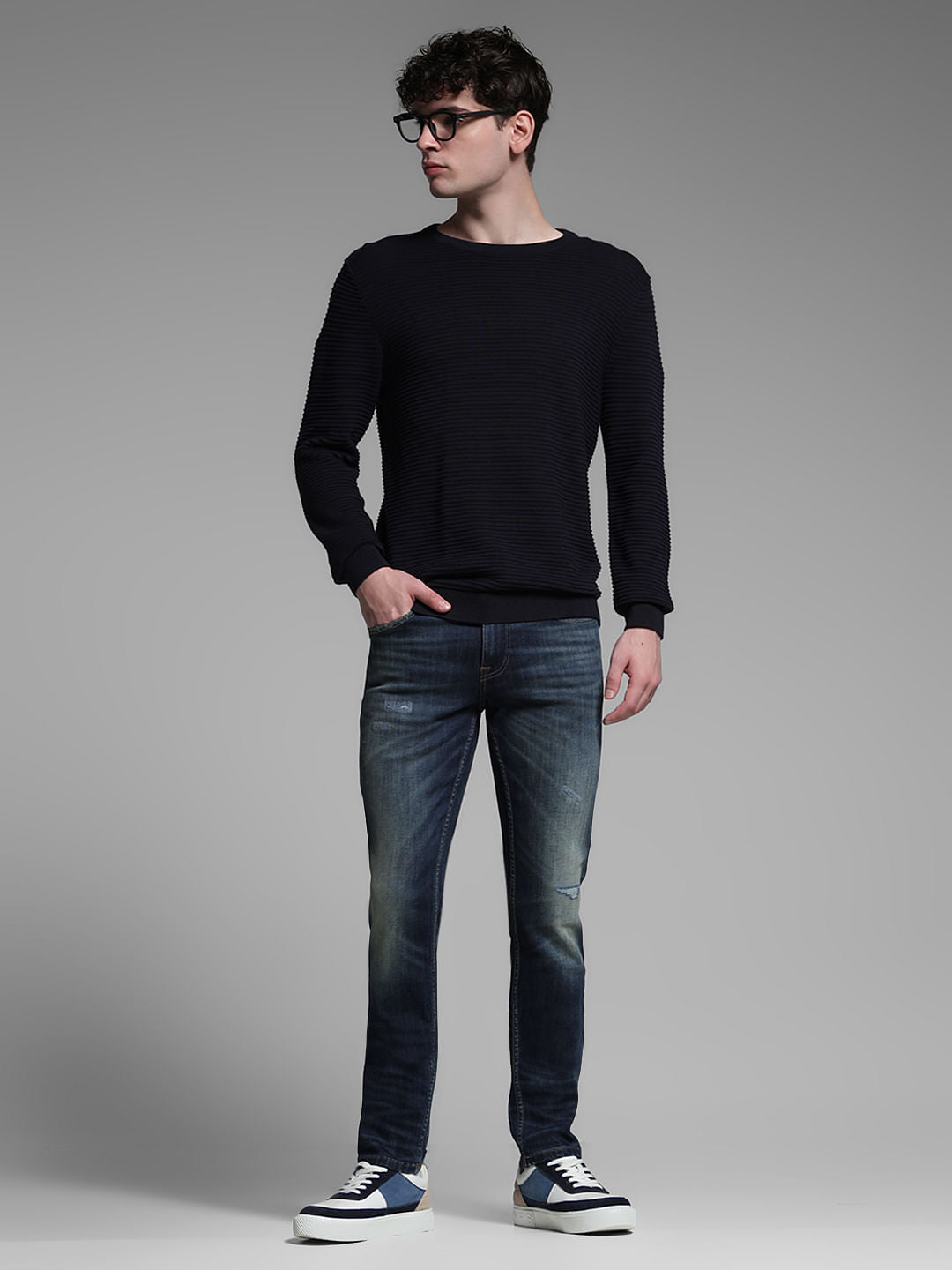 Dark Blue Distressed Glenn Slim Fit Jeans