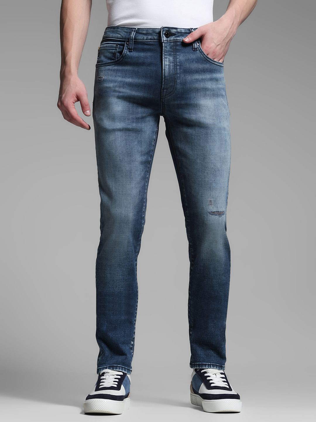 Dark Blue Distressed Ben Skinny Fit Jeans