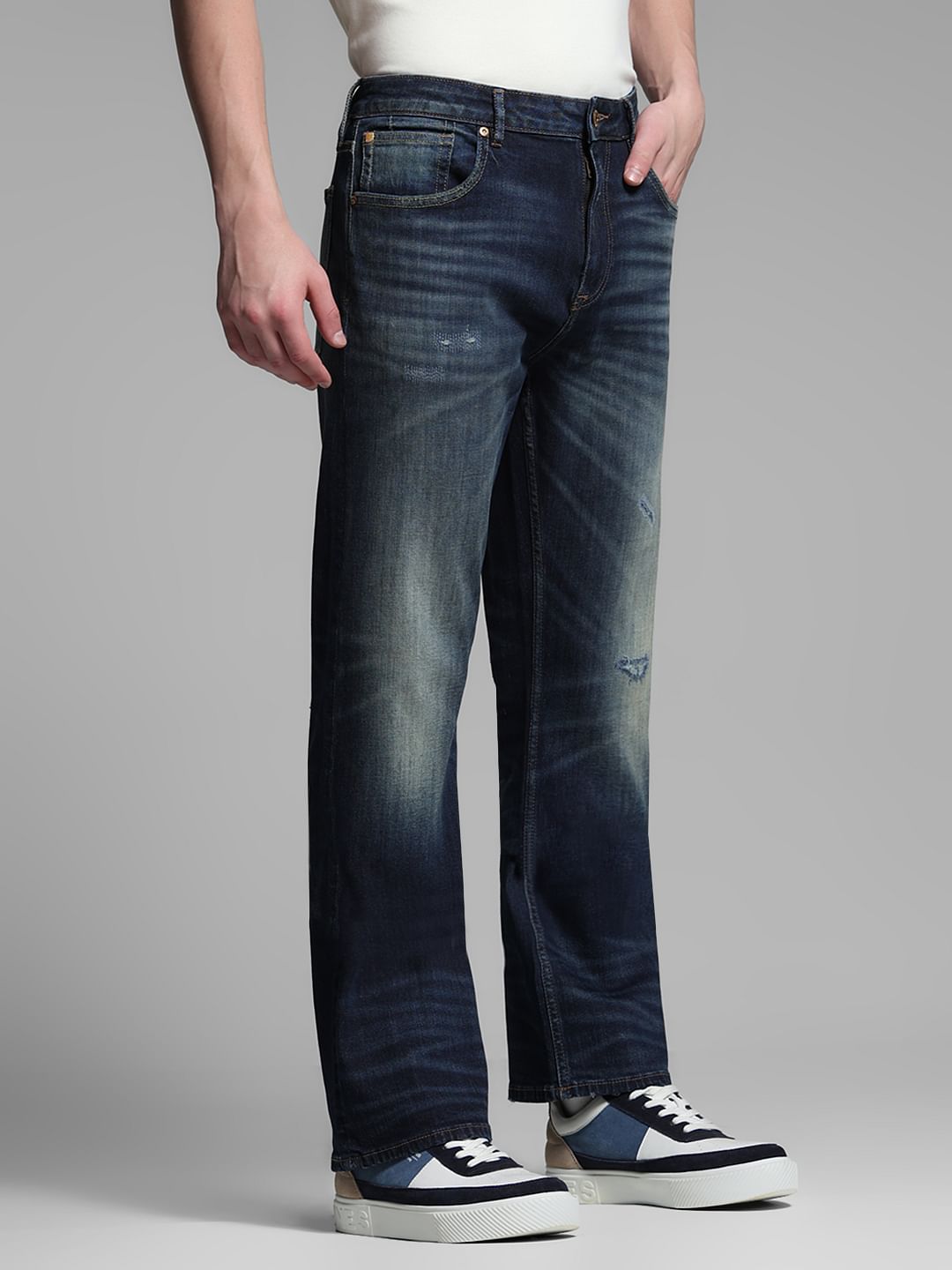 Dark Blue Distressed Cliff Bootcut Jeans