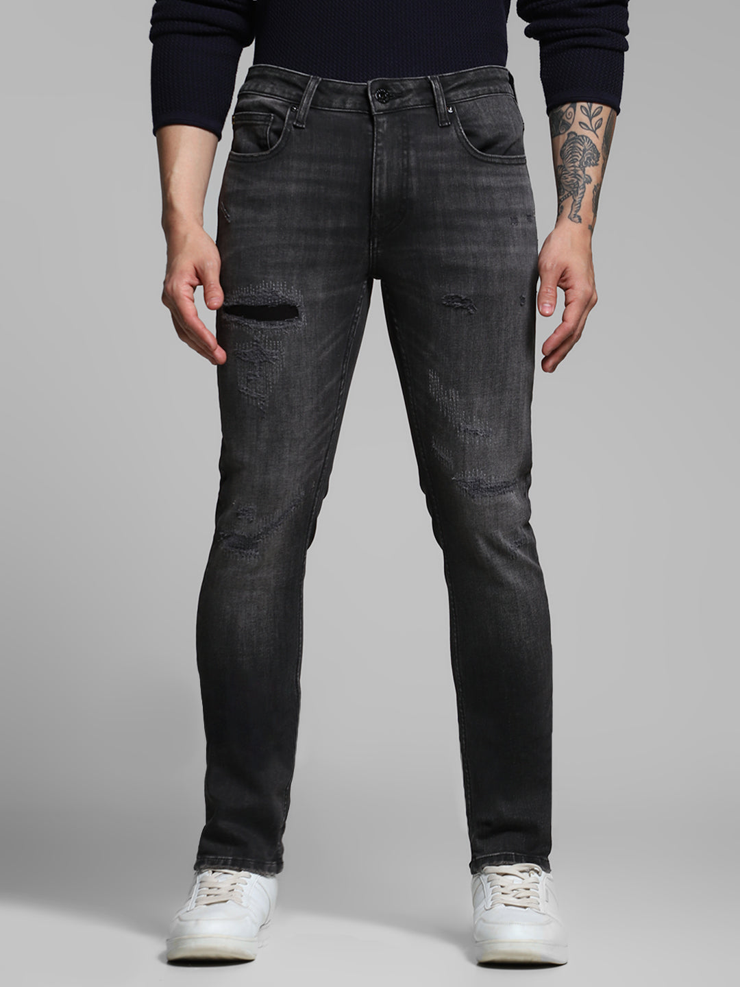 Men's Charcoal Skinny Fit Distressed Low Rise Jeans