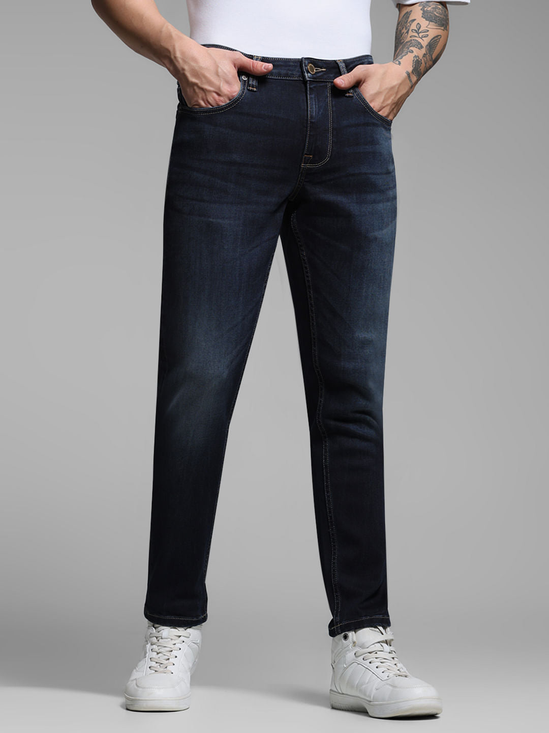 Dark Blue Mid Rise Washed Brak Slim Fit Jeans