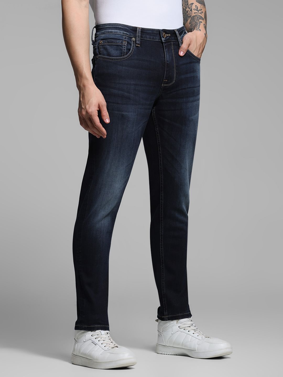 Dark Blue Mid Rise Washed Brak Slim Fit Jeans