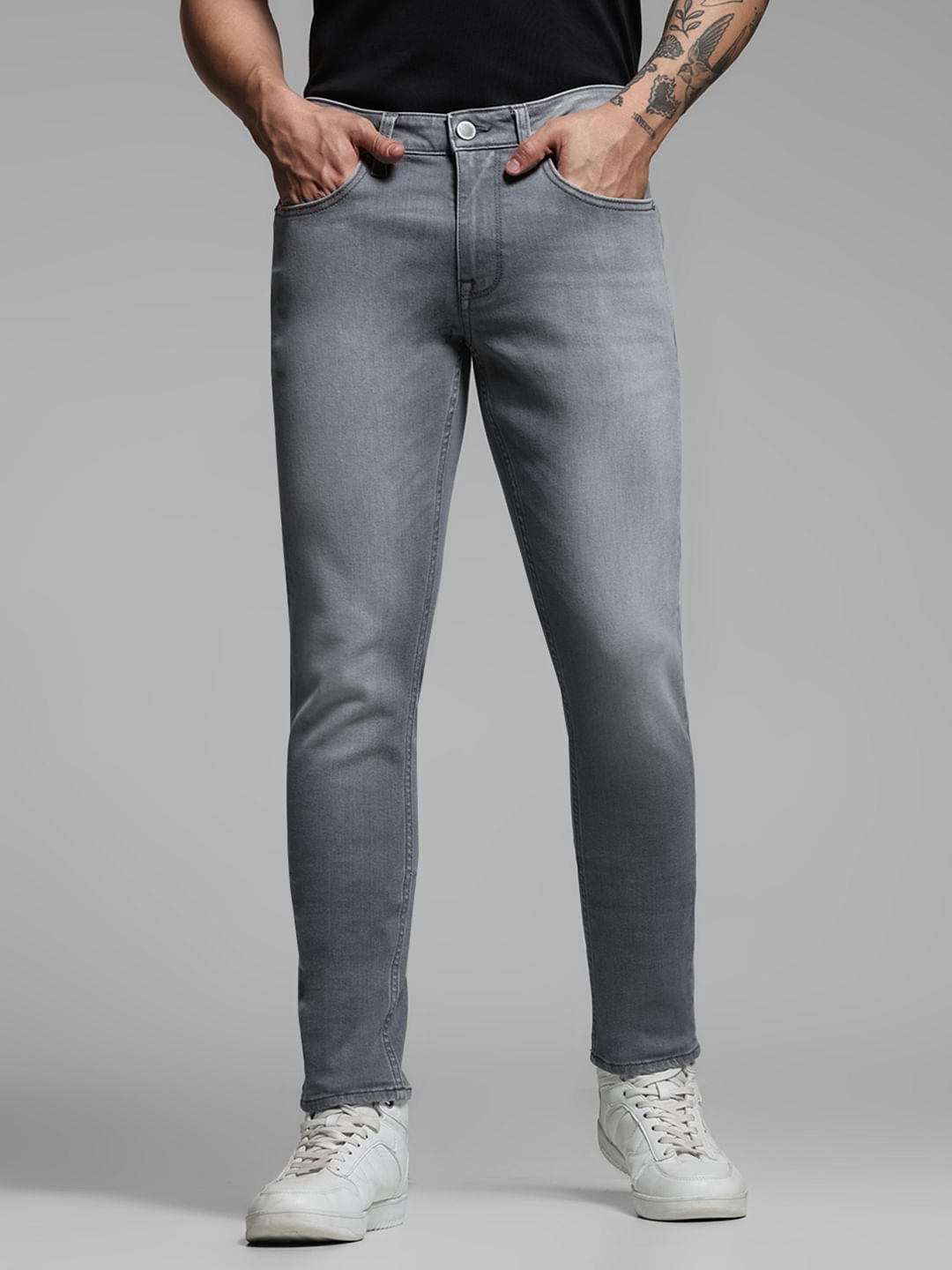 Grey Mid Rise Brak Slim Fit