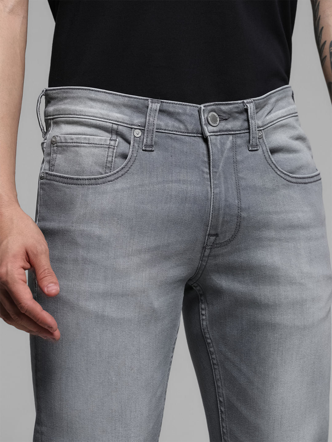 Grey Mid Rise Brak Slim Fit