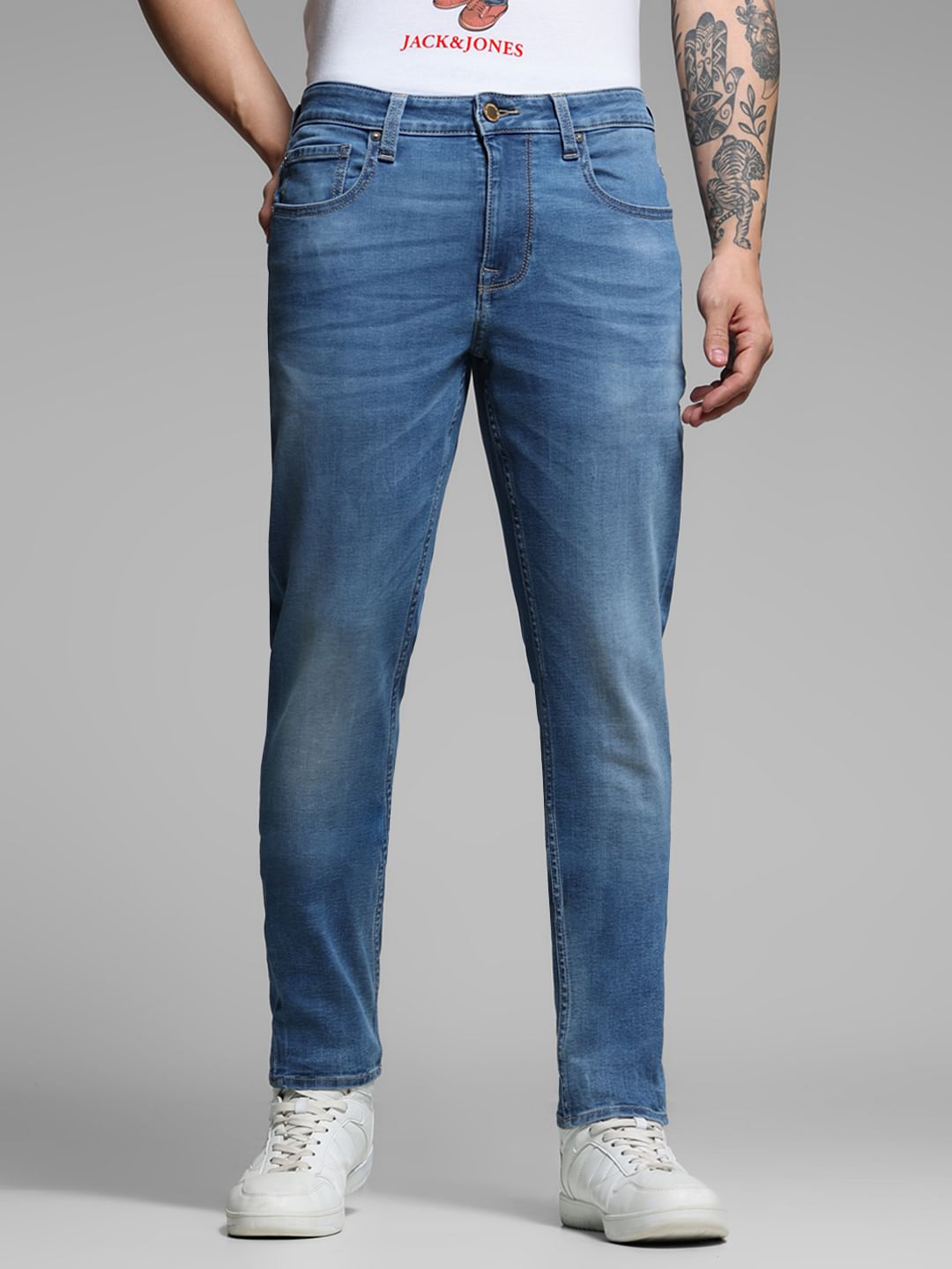 Light Blue Mid Rise Washed Brak Slim Fit Jeans - Main Image
