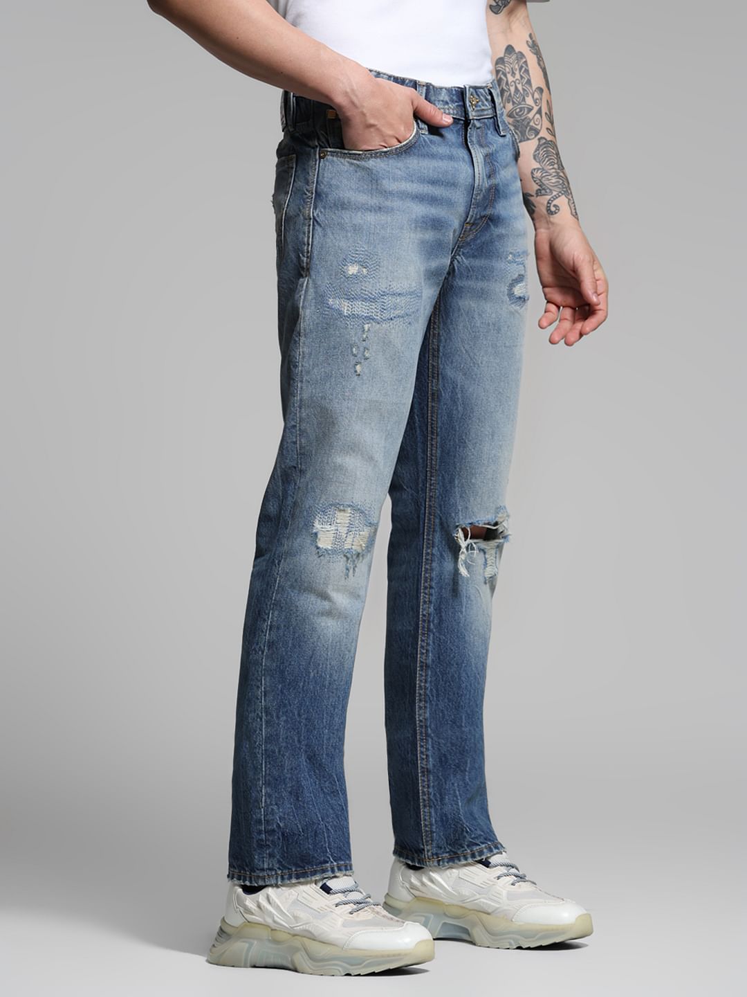 Blue Distressed Clark Regular Fit Jeans
