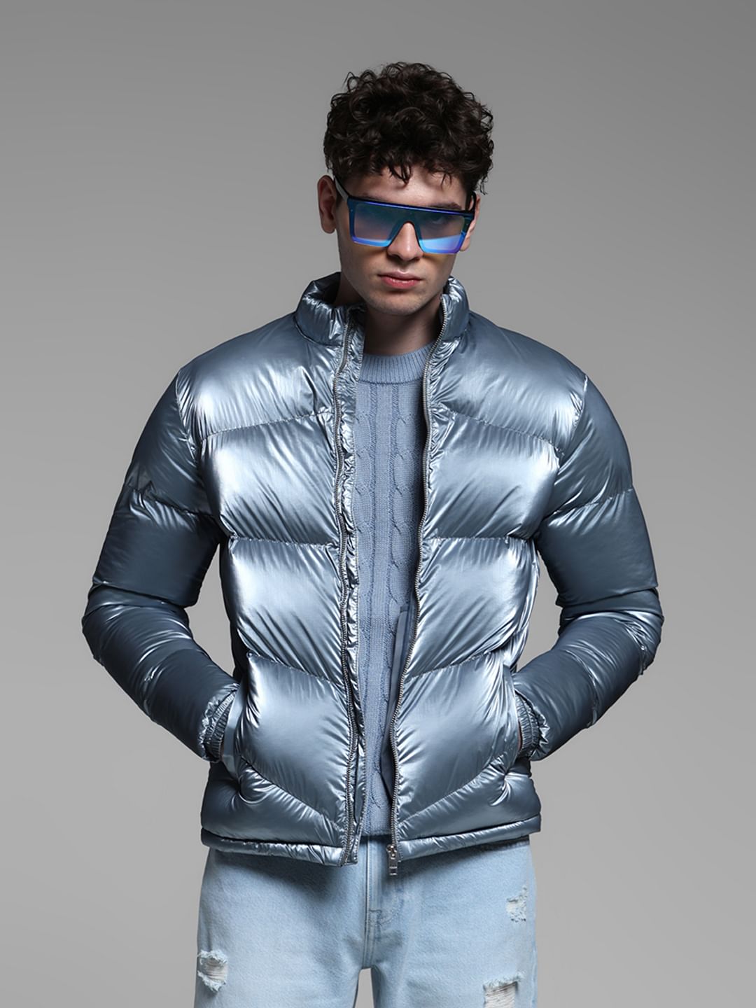 BLUE HIGH NECK PUFFER JACKET