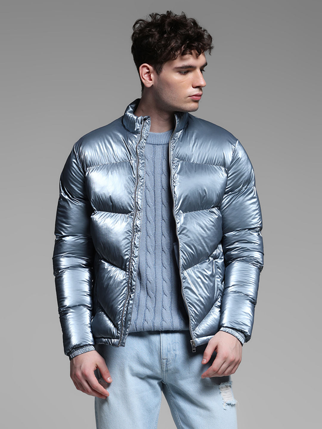 BLUE HIGH NECK PUFFER JACKET