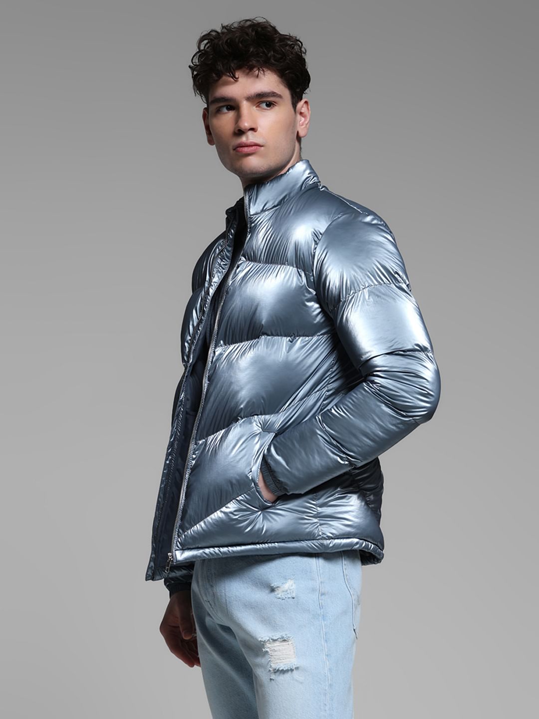 BLUE HIGH NECK PUFFER JACKET