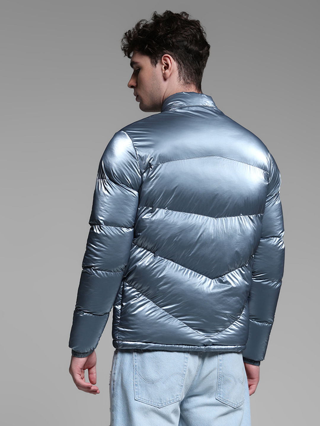 BLUE HIGH NECK PUFFER JACKET