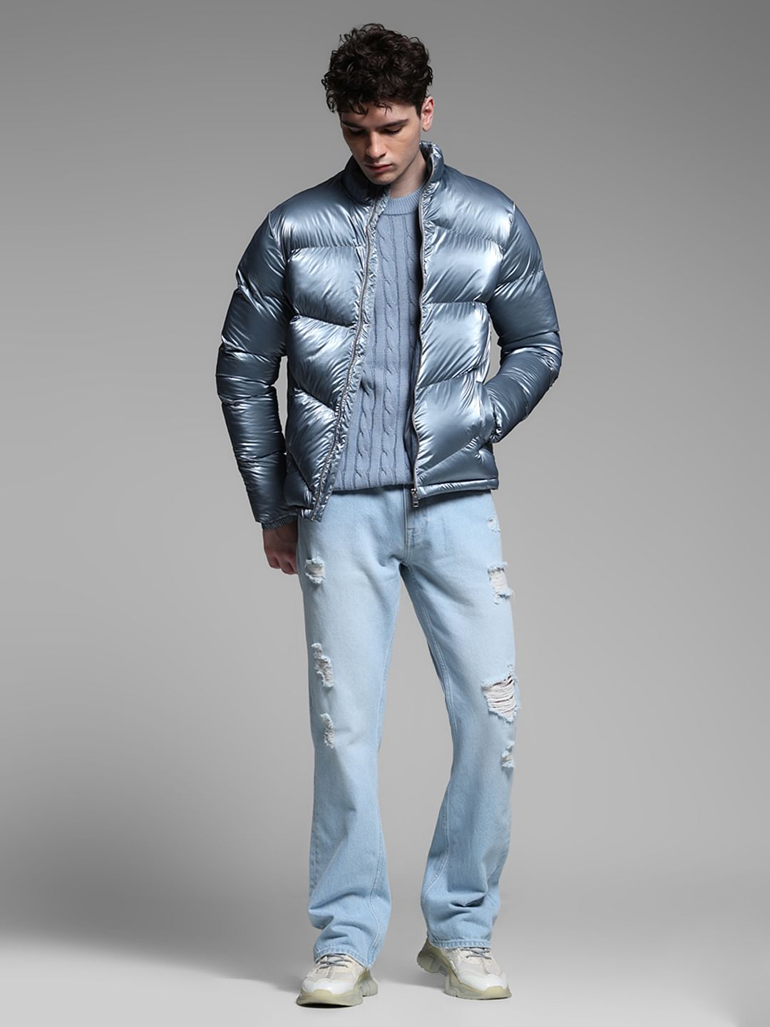 BLUE HIGH NECK PUFFER JACKET