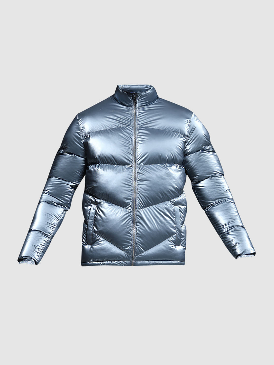 BLUE HIGH NECK PUFFER JACKET