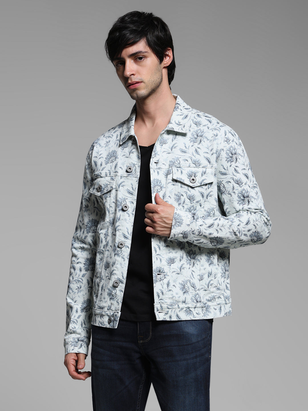 Men's Off White Floral Print Denim Jacket With Flap Pockets