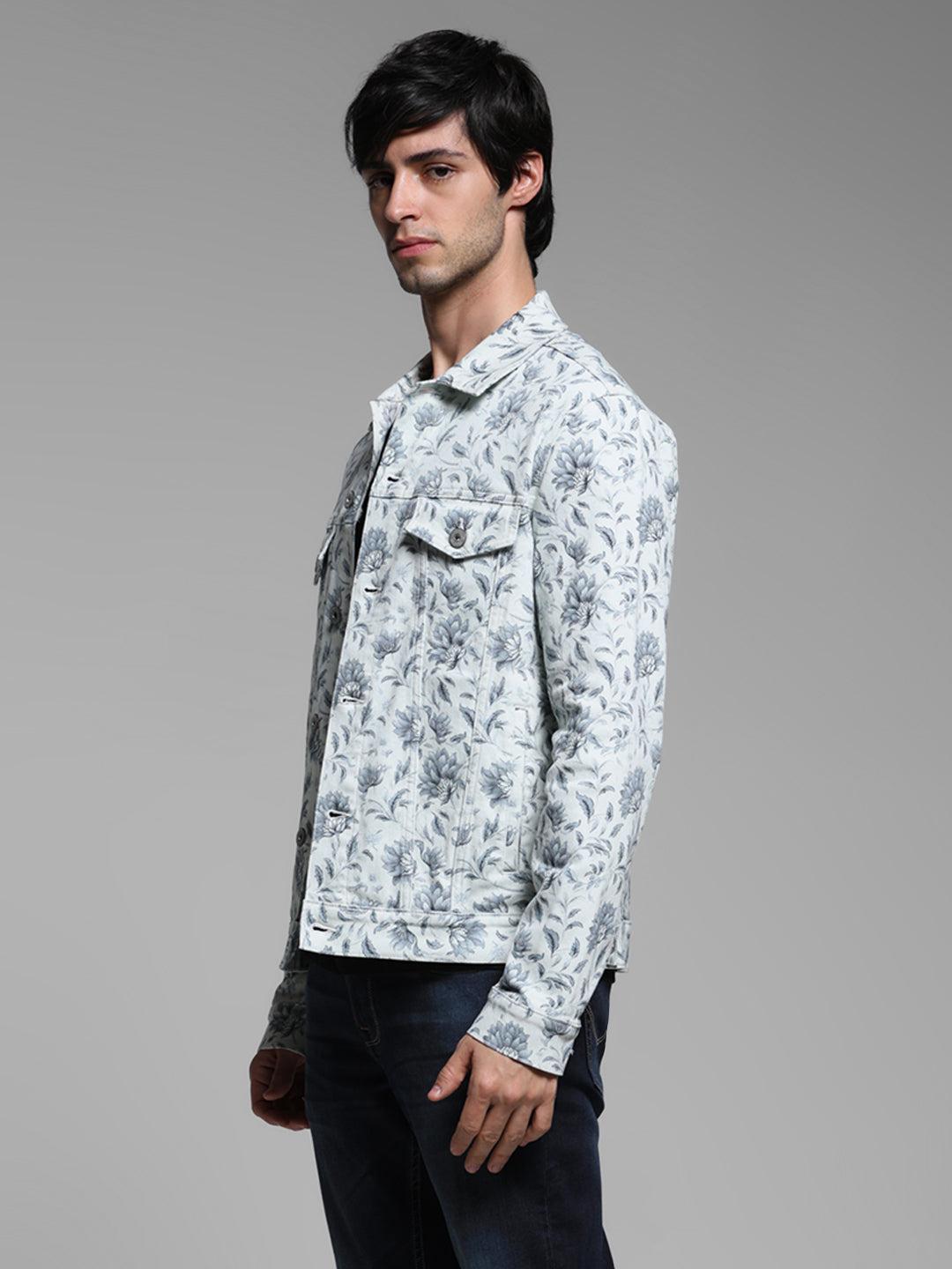 Men's Off White Floral Print Denim Jacket With Flap Pockets