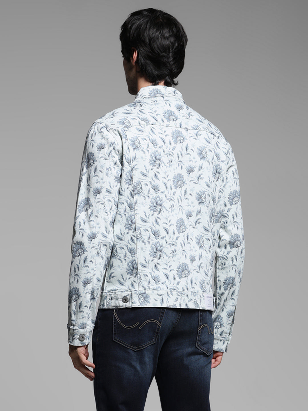 Men's Off White Floral Print Denim Jacket With Flap Pockets