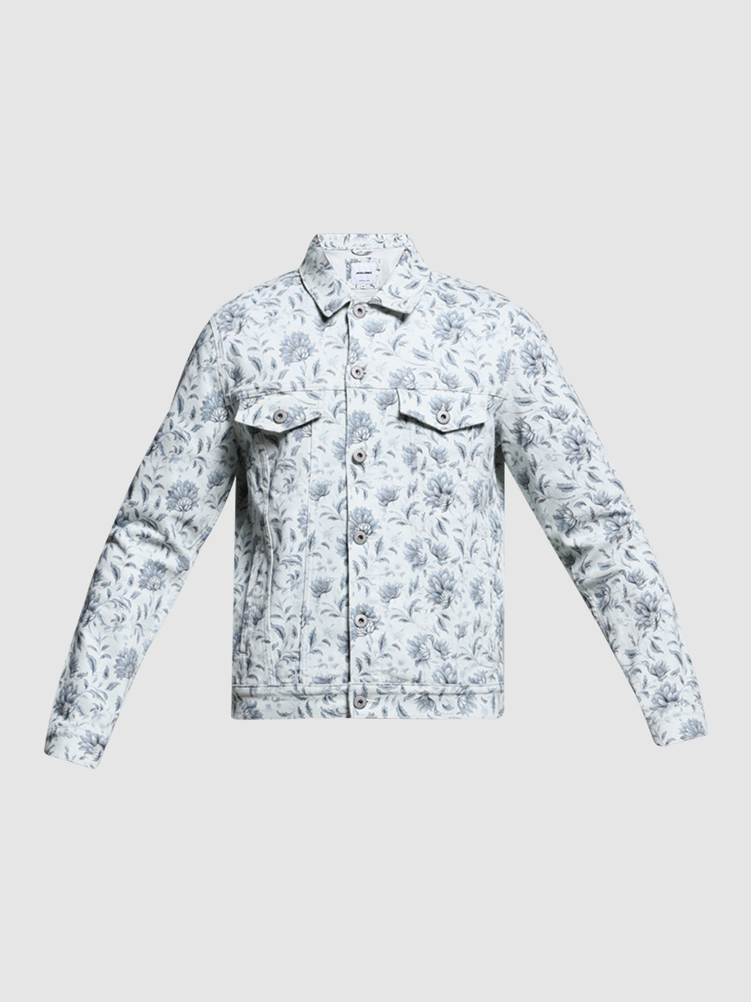 Men's Off White Floral Print Denim Jacket With Flap Pockets