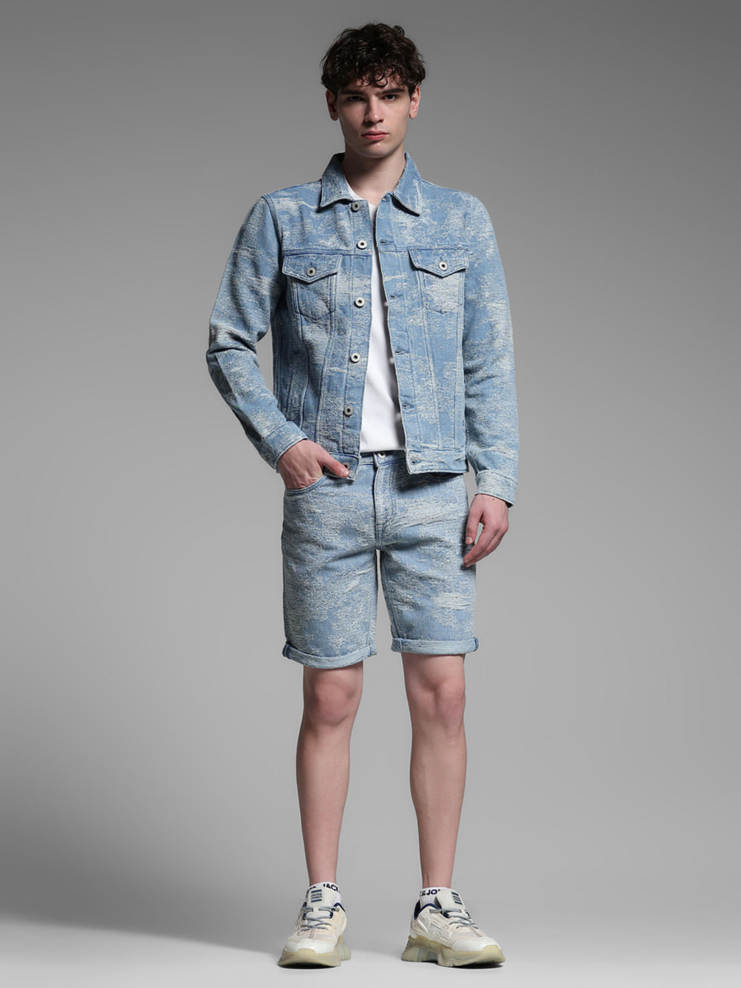 Light Blue Printed Co-ord Set Denim Jacket