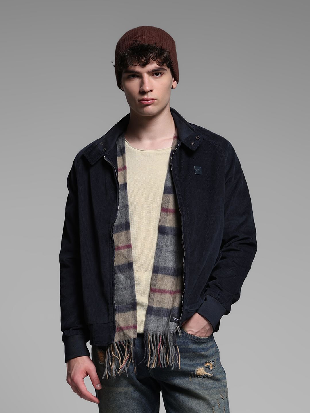 BLUE HIGH NECK BOMBER JACKET - Main Image