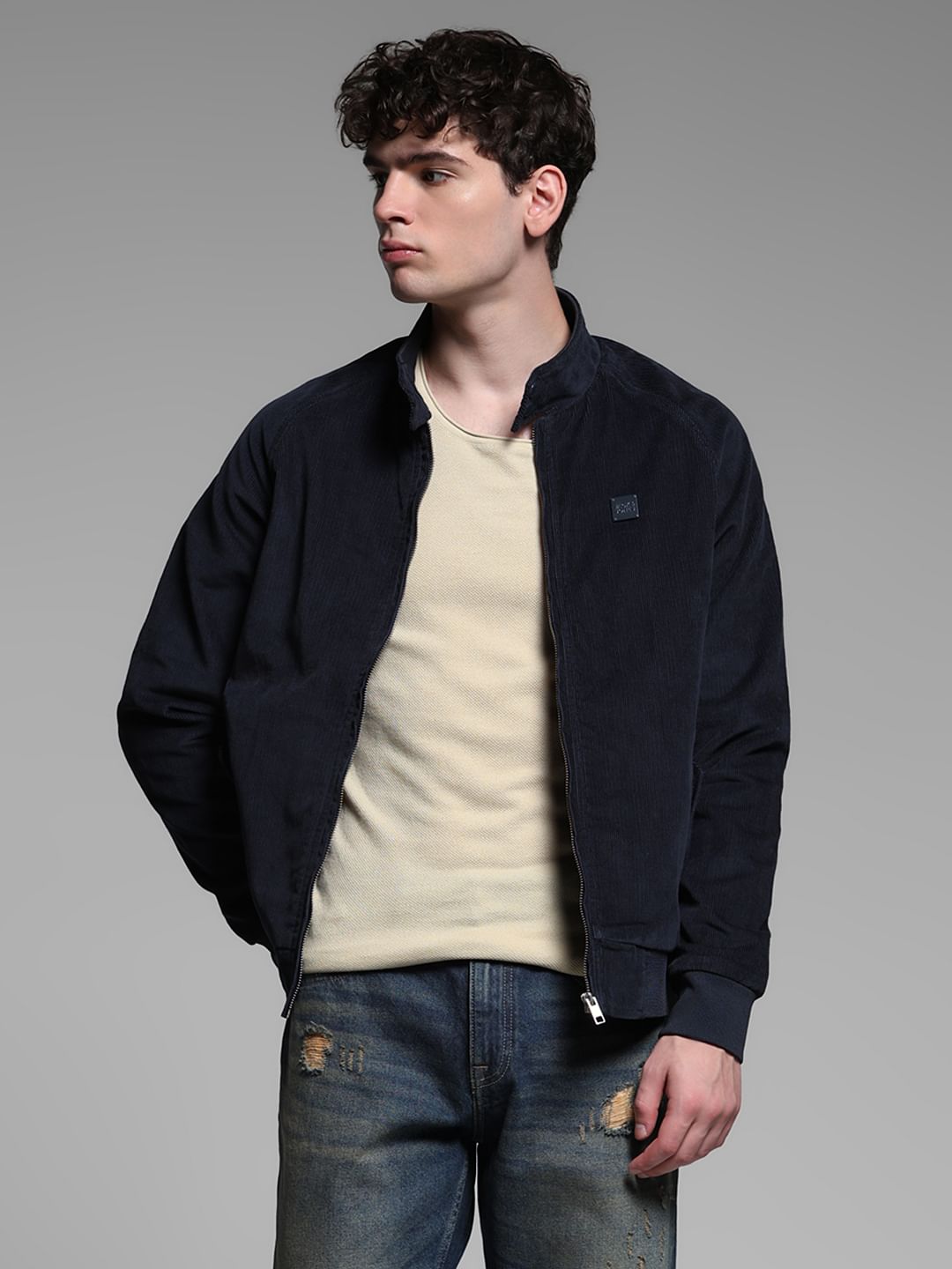 BLUE HIGH NECK BOMBER JACKET