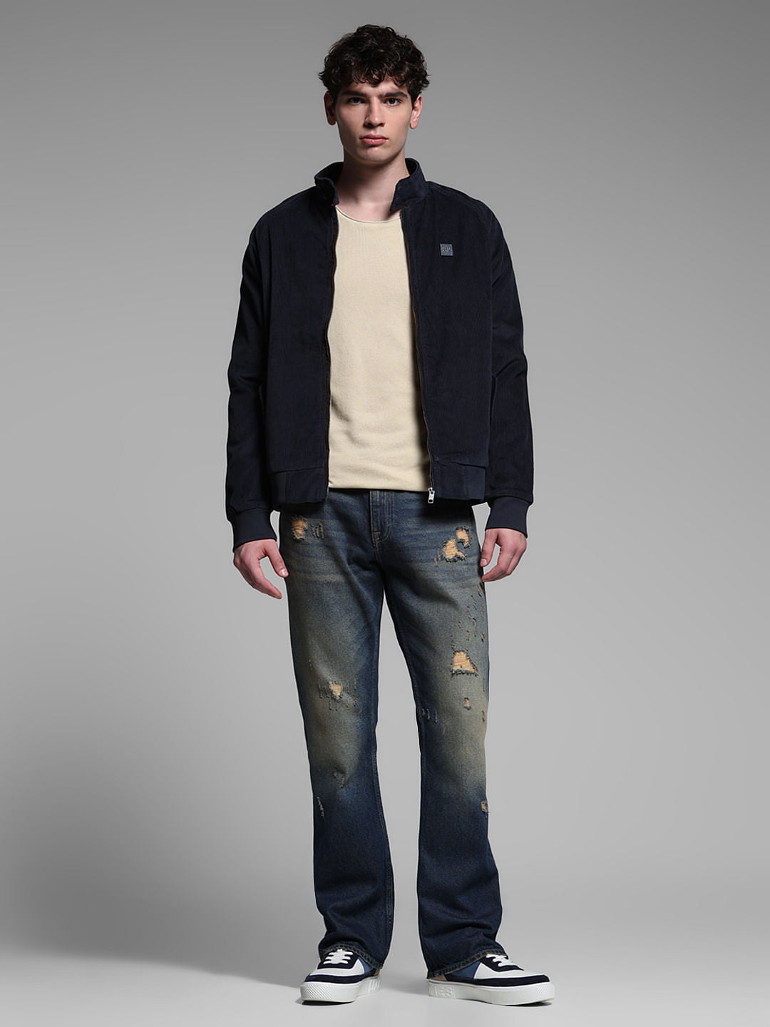 BLUE HIGH NECK BOMBER JACKET